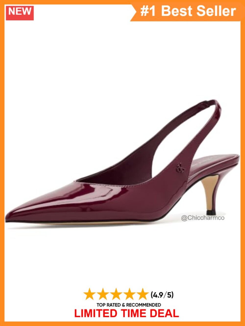 Pointed Toe Slingback Kitten Heel Pumps Polyurethane PU Patent Finish